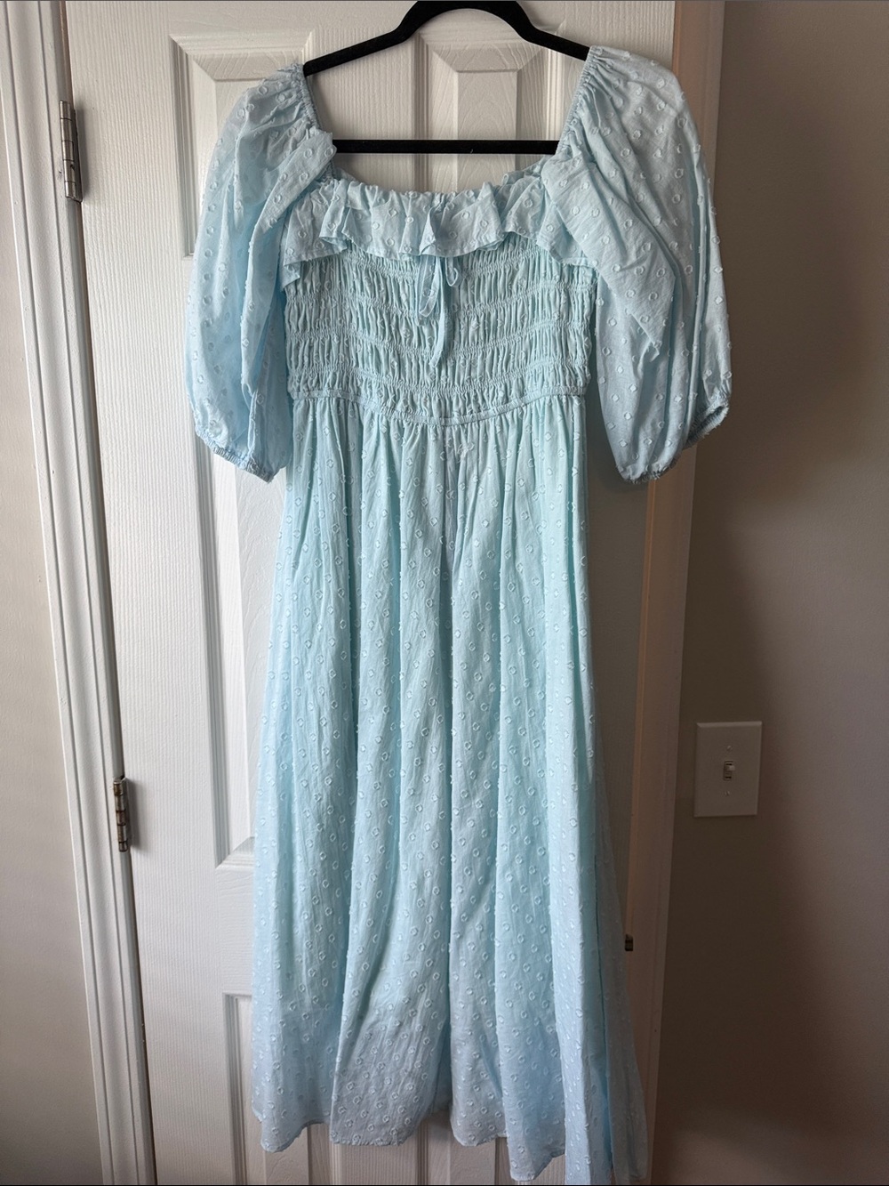 Light Blue Eyelet Puff Sleeve Midi Dress